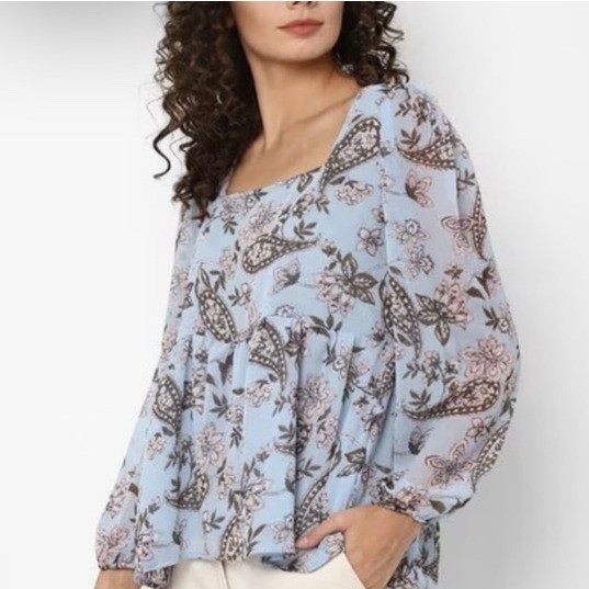 American Eagle Outfitters Babydoll Peasant Top Blue Floral Print Boho Indie