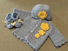 Handmade Crochet Baby Sweater Hat Booties Set with Flower & Bow Accents