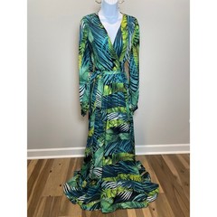 R.Vivimos L Blue Green Leaf Chiffon Wrap Maxi Dress Long Sleeve High Low
