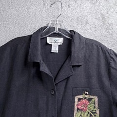 Erin London Silk Linen Camp Shirt Medium Black Tropical Floral Button Front