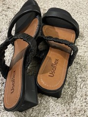 Usaflex Women’s Black Leather Slide Sandals Slip-On Ruched Strap Block Heel