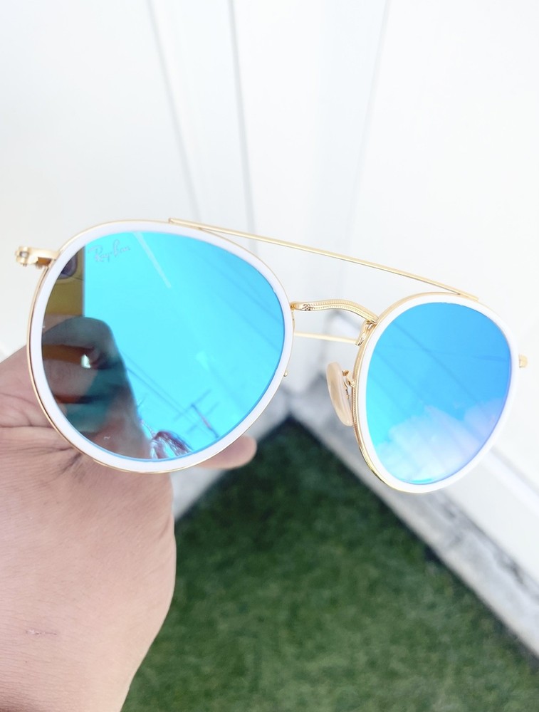 NWT Authentic Ray Ban Round Double Bridge Metal RB3647-N 3647 White Blue 51/22