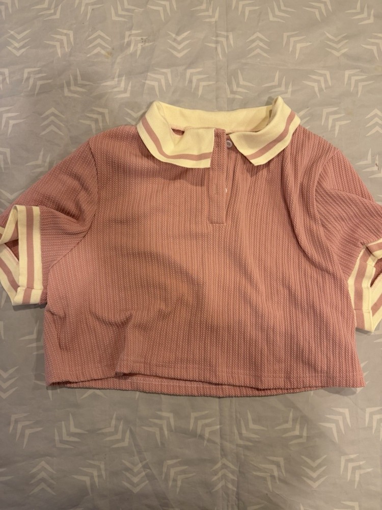 SHEIN Curve Ribbed Knit Stretch Collared Polo Top Pink/White Women’s 3XL