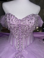 Lavender Quinceañera Ball Gown Off Shoulder Lace Applique Train Dress