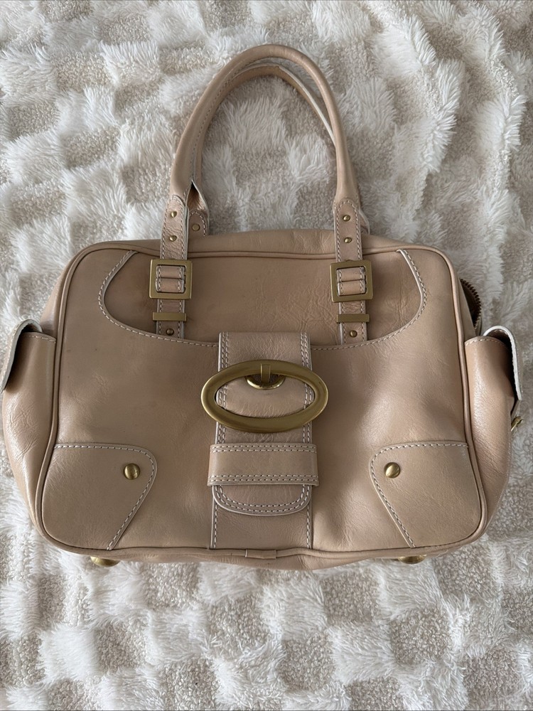 Maxx New York CreamLeather Buckle Front Zipper Closure Gold Hardware