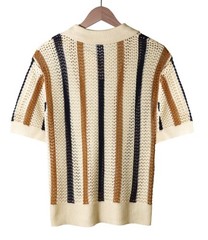 Men’s V-Neck Collared Knit T-Shirt Hollow Out Striped Short Sleeve Tee