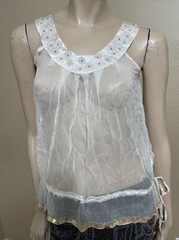 Women’s White Silk Casual Opened Beaded Embroidered Sheer Tie Size M Top Blouse