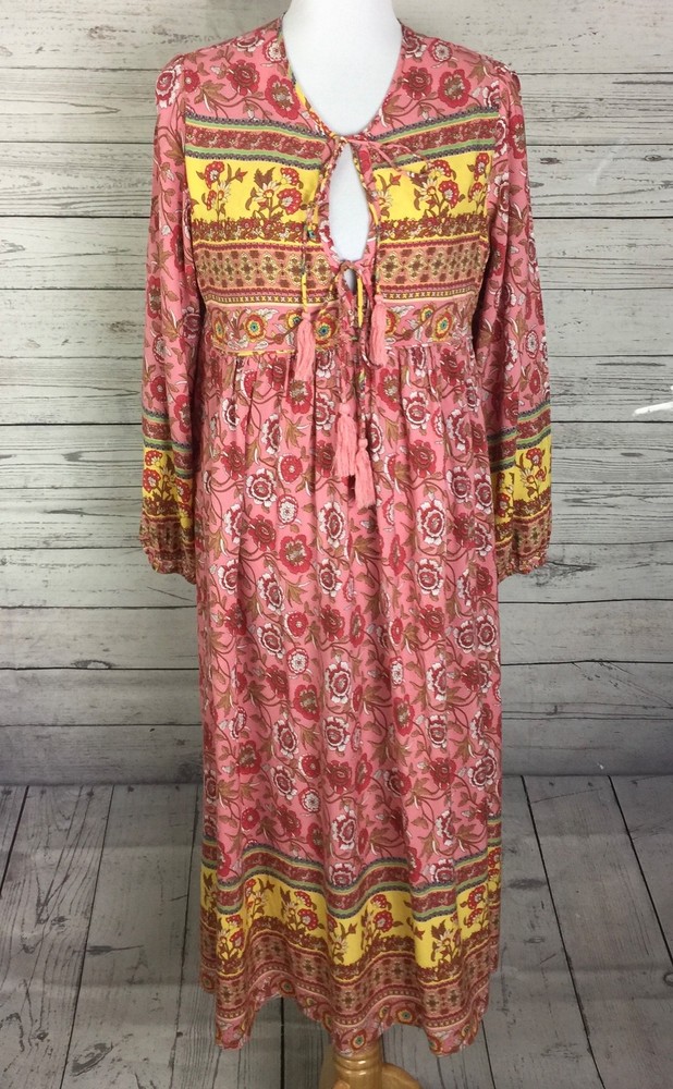 R.Vivimos Women Floral Print Retro VNeck Tassel Bohemian Midi Dress Size L 12/14