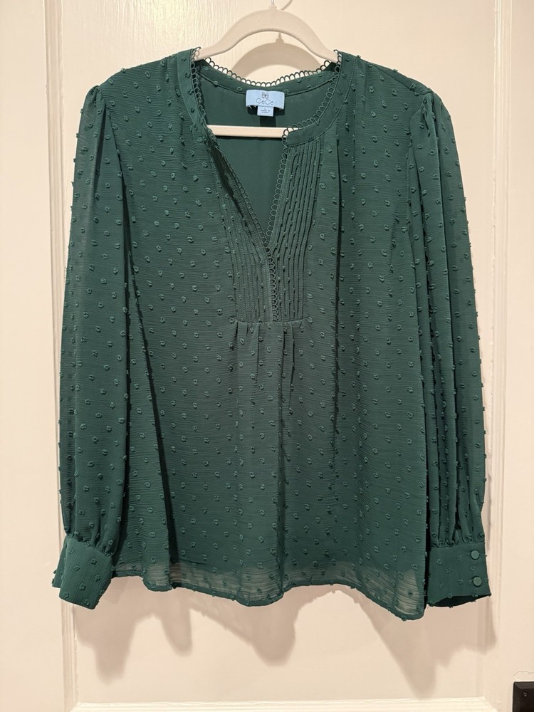 Cece Swiss Dot Long Sleeve Emerald Green Large Top