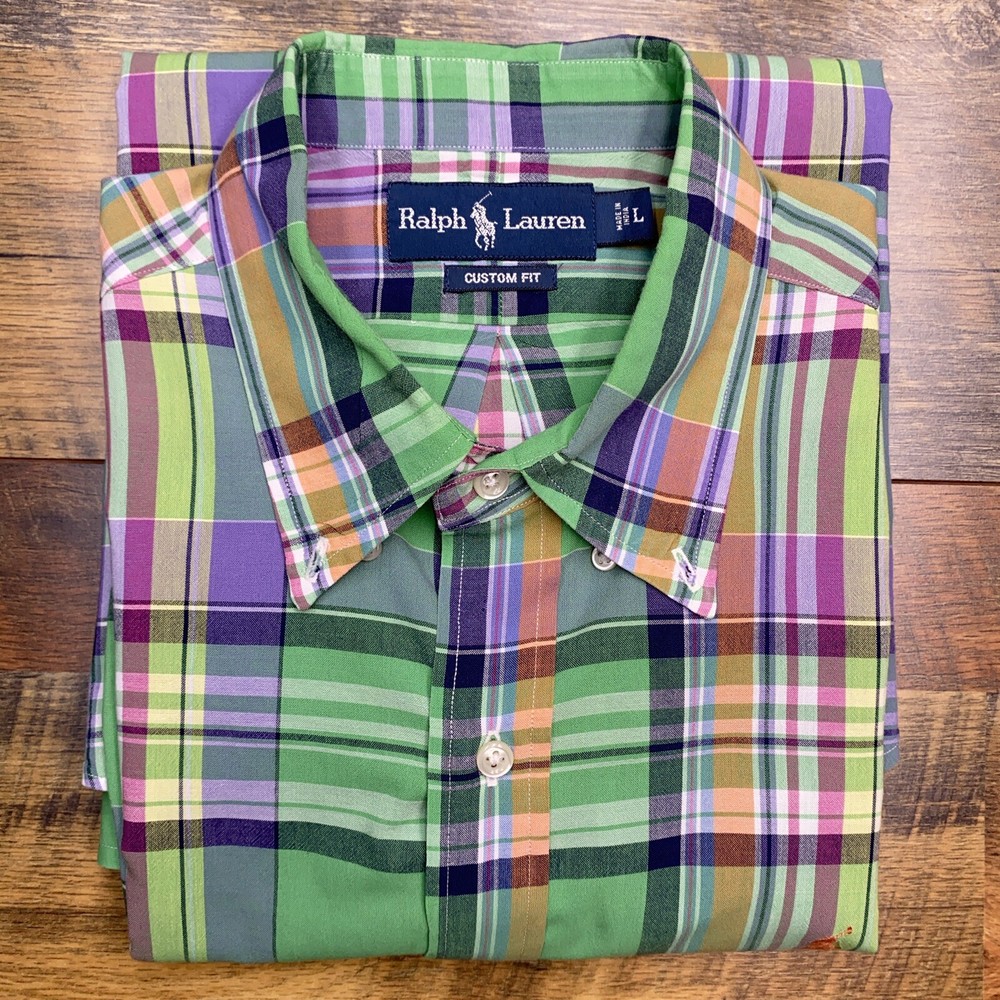 Ralph Lauren Custom Fit Shirt Adult Large Green Button Up Plaid