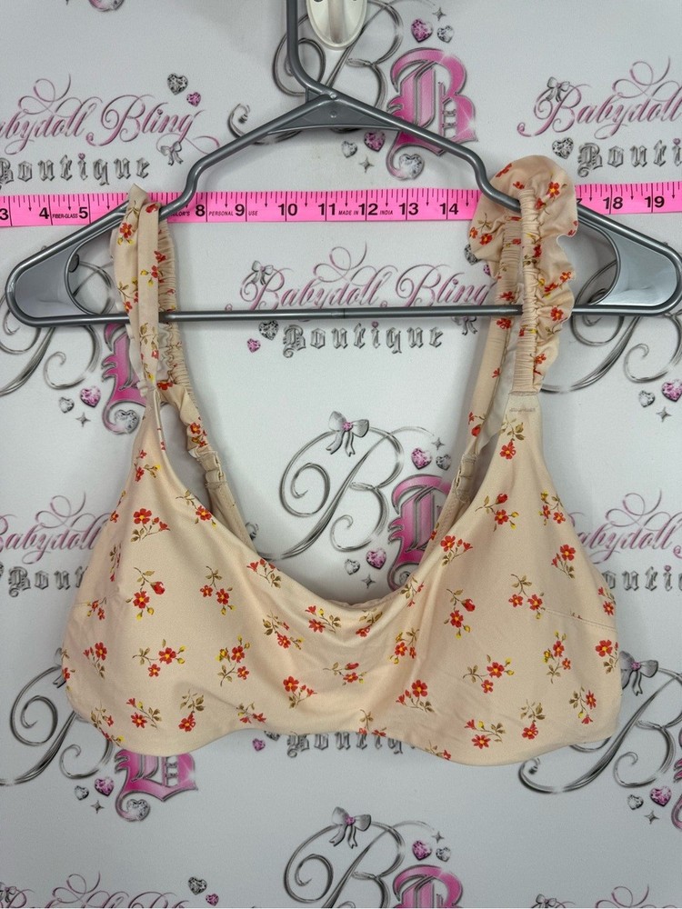 aerie bikini Beige Floral Bikini Top with Red-Orange Blossoms