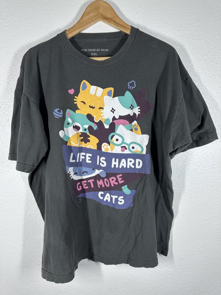 For Fans By Fans Shirt Mens 2XL Black Life Is Hard Get More Cats Tee Graphic