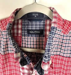 Vtg Nautica Patchwork Red White Blue Button Up Shirt Size Medium Men’s Short Slv