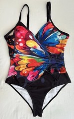 NWOT Women’s XL One-Piece Swimsuit Multicolor Butterfly Print Drawstring Ruched