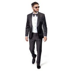 Black Shawl Lapel VELVET Jacket Slim Fit Tuxedo Black Pants 1Button BY AZAR MAN