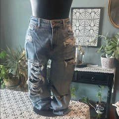 American Eagle Outfitters Blue Distressed Straight Leg Jeans