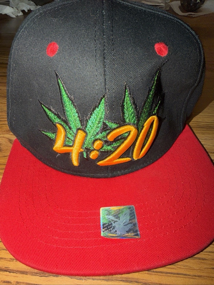 4:20 Marijuana Leaf Snapback Hat Black Red Flat Bill Cap Adult One Size