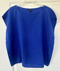 Eileen Fisher Royal Blue Linen Blend Boxy Dolman Sleeve Top Shell L
