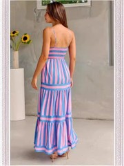 Summer Striped Printed Suspender Long Dress With Pockets-Women Clothing