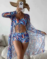 Womens 3 Piece Swimsuit with Mesh Long Sleeve Cover Up Drawstring Bathing Suits