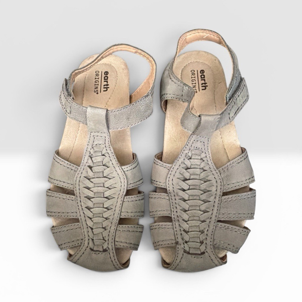 Earth Origins Women’s Beige Leather Strappy Flat Sandals Hook & Loop US 6.5