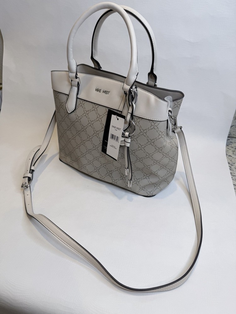 Nine West Gray Monogram Satchel Top Handle Double Zip, Detachable Strap