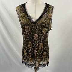 Komarov black green/khaki crinkle floral tank top medium whimsigoth fairy vtg
