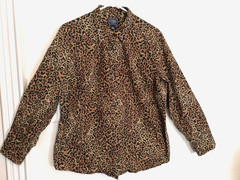 Chaps Classics Womens Blouse 2X Plus Leopard Animal Print Button Up Long Sleeve
