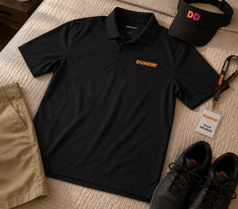 DUNKIN DONUTS Coffee Employee Uniform Polo Shirt Black Size Large Short Sleeve