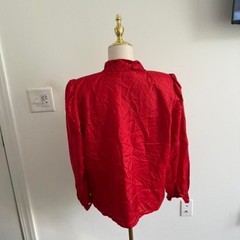 Vintage Karen Scott Red Satin Blouse Crochet Lace Collar Puff Sleeve Size 6