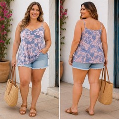 Sew In Love V-neck Tunic Tank 2X Blue Pink Floral Butter Soft Stretch Tank NWOT