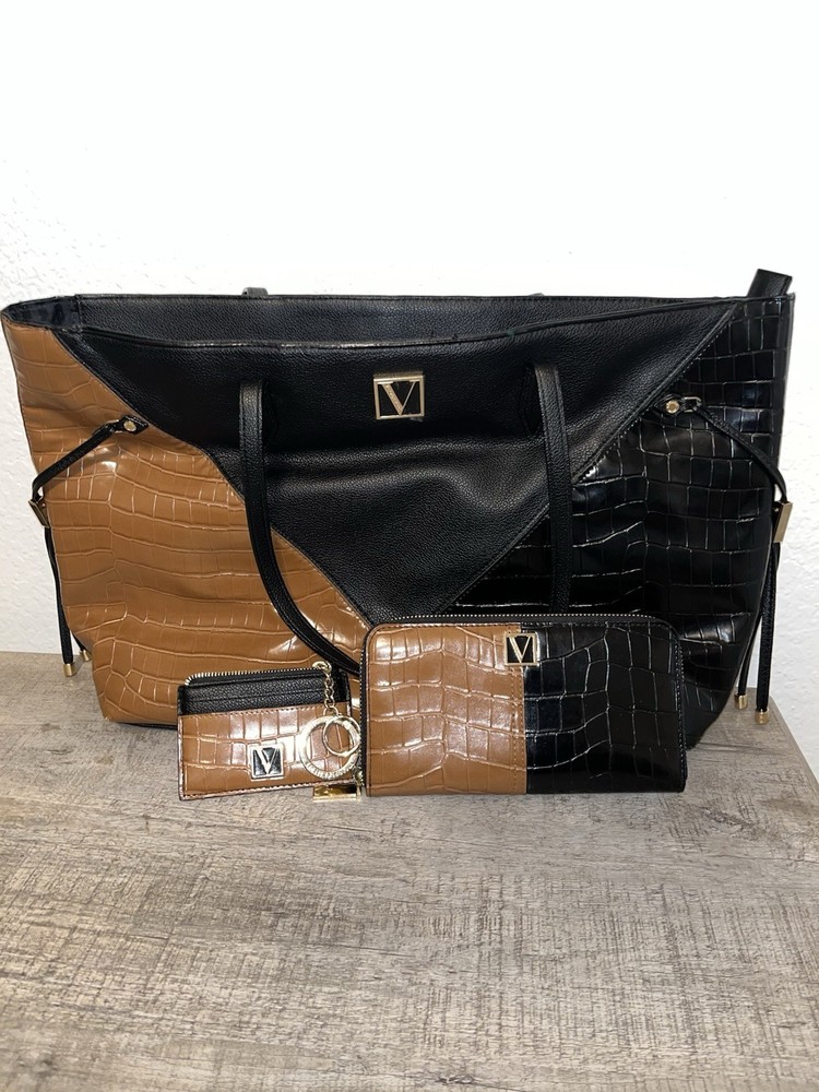 Victoria’s Secret Black Brown Colorblock Large Tote Set w Wallet and Card Holder