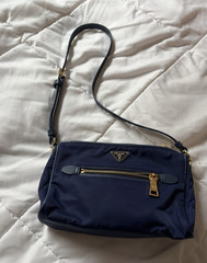 PRADA Women’s Blue Shoulder Bag Zip Logo Gold Hardware Adjustable Strap Lined
