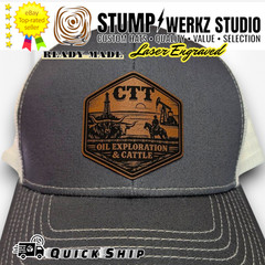 Custom Hat Trucker Baseball Cap Leather Patch CTT Oil Exploration & Cattle Texas