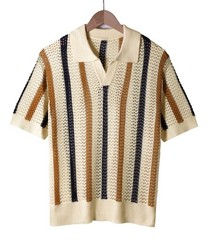 Men’s V-Neck Collared Knit T-Shirt Hollow Out Striped Short Sleeve Tee