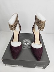Vince Camuto Purple Suede Pointed Toe Heels with Gold Ankle Straps Size 7.5M