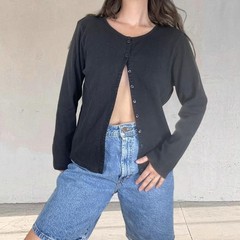 Vintage 90s Liz Claiborne Black Ribbed Knit Henley Cardigan Shirt Butter Mom