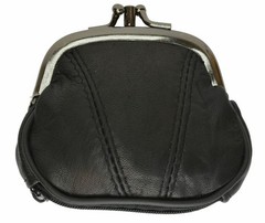 Black Genuine Leather Woman Coin Purse Double Frame Change Wallet Womens