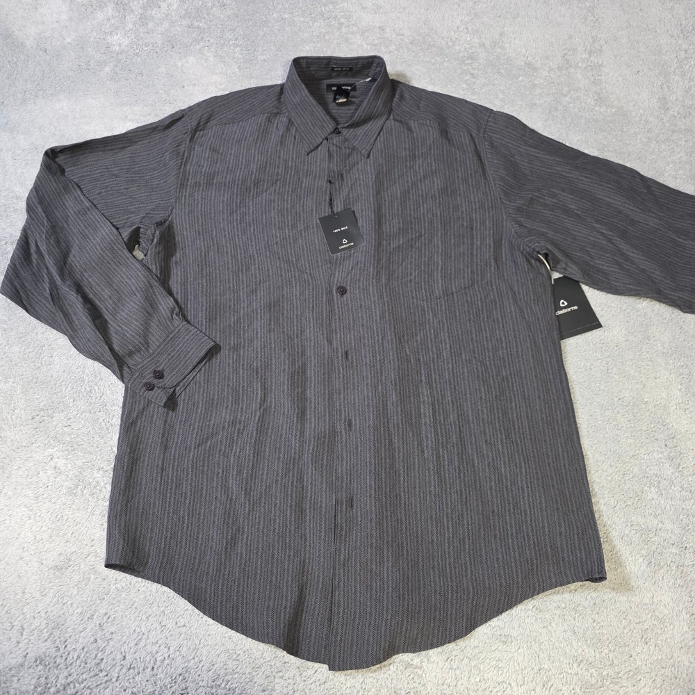 Claiborne Mens L Button Down Shirt Gray 100% Silk Herringbone MERU0862 NWT