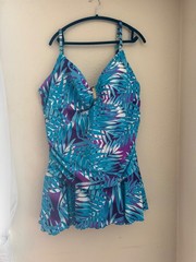New Sz28 beautiful turquoise, purple, and white one piece gold hardware swimsuit