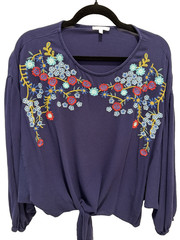 Jodifl Navy Blue Embroidered Floral Boho Peasant Blouse Top Small