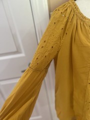 Old Navy Mustard Yellow Eyelet Peasant Tie Neck Balloon Sleeve Blouse – Large