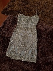 Windsor Blue/Silver Sequin Mini Bodycon Dress Square Neck Strappy M