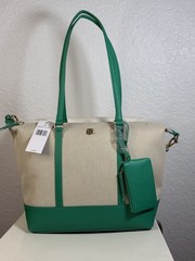 Tommy Hilfiger Julia II Convertible Tote Bag Green Canvas Faux Leather NWT