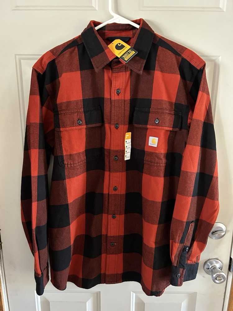 Carhartt Heavy Flannel Shirt Loose Fit Black & Red Buffalo Plaid Mens Size M