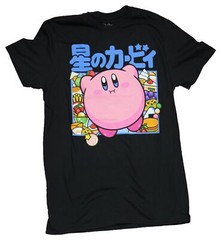 Kirby Adult New T-Shirt – Smiling Under Blue Kanji Food Pile