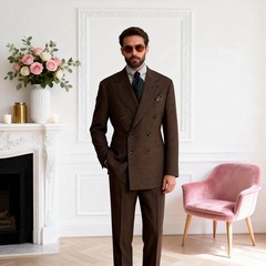 Dark Brown Men’s Linen Suits Double Breasted Jacket Trouser for Wedding Business