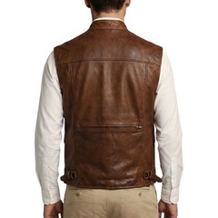 Mens Brown Leather Utility Vest Multi Pocket Snap Front Casual Outdoor Gilet