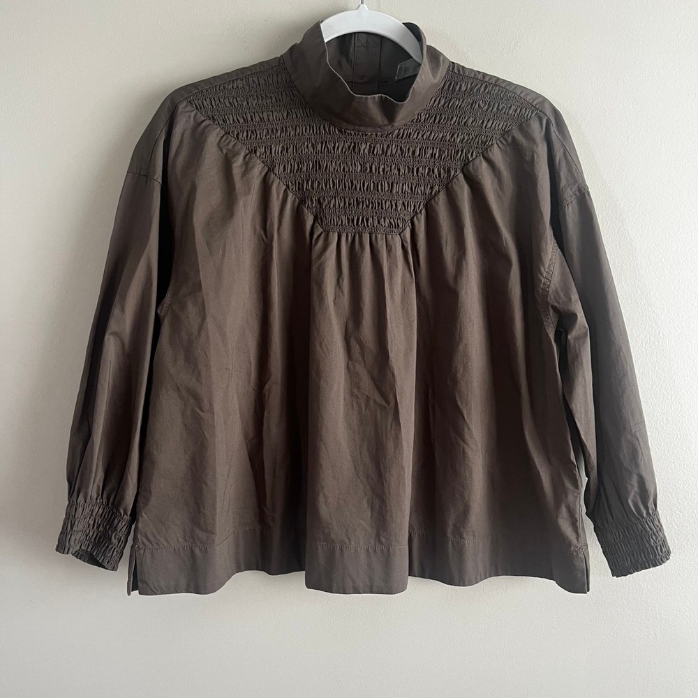 Everlane dark olive smocked yoke cotton top size S mock neck long sleeve boxy