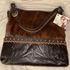 American West Brown Shoulder Bag Tooled Floral Haircalf Zip, Bag Charm Handmade
